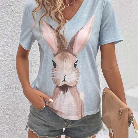 Bunny rabbit T shirt top teacher v-neck womens S blouse spring emery rose spring - Picture 3 of 4
